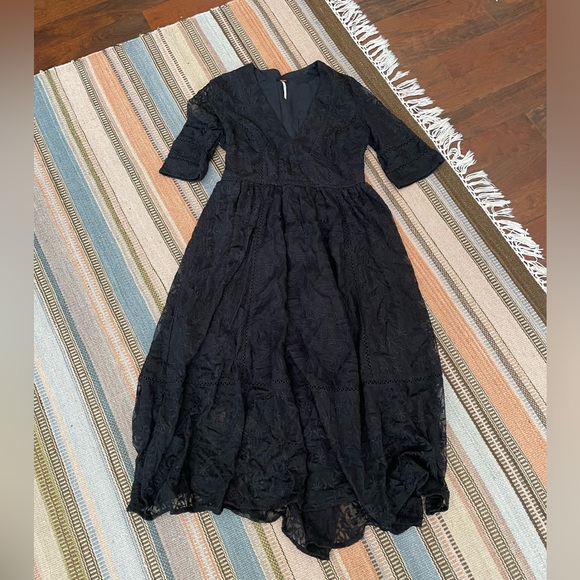 Free People Black V Neck Dress with Embroidered Pattern